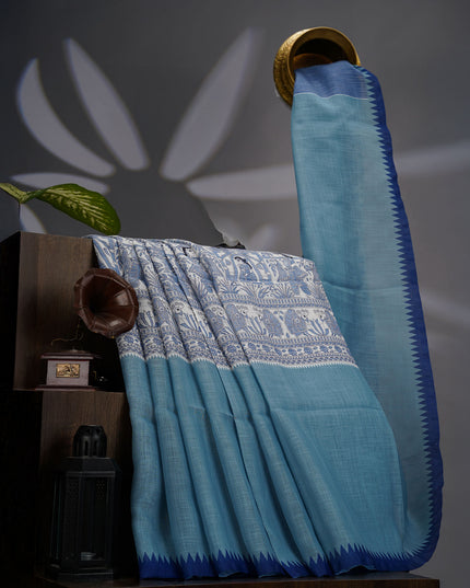 Lenin Silk Saree with Madhubani Print with Contrast Border- Blue