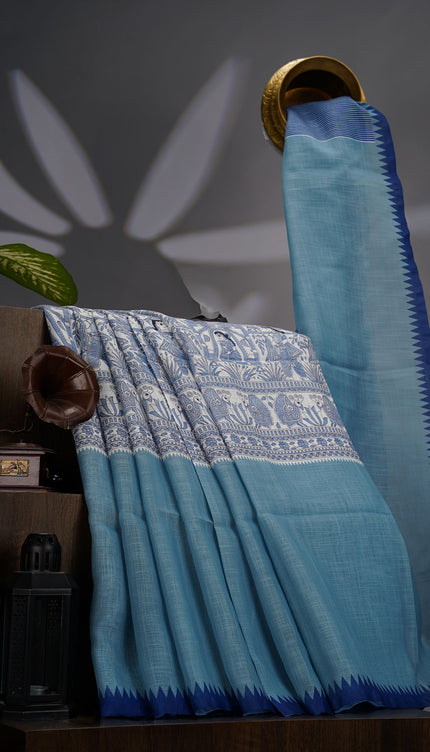 Lenin Silk Saree with Madhubani Print with Contrast Border- Blue