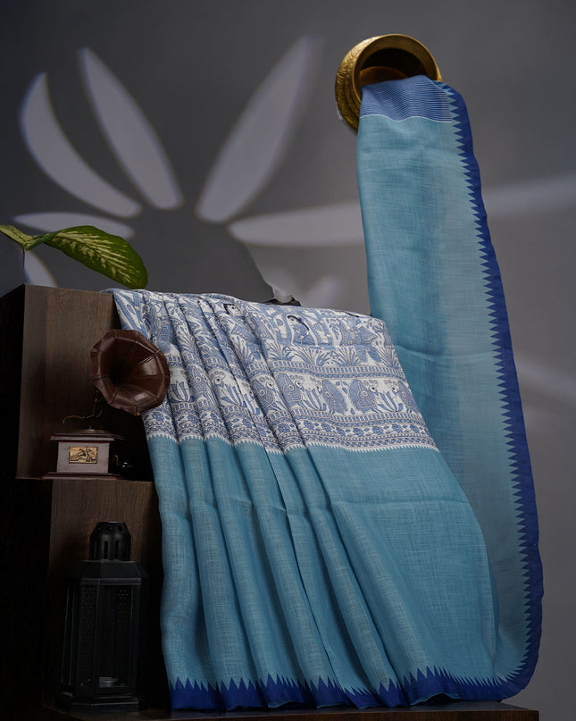 Lenin Silk Saree with Madhubani Print with Contrast Border- Blue