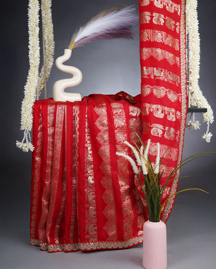 Banaras Silk Saree With Golden Stripes Work Lace Border - Red