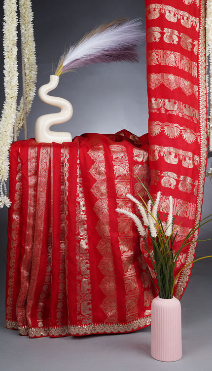 Banaras Silk Saree With Golden Stripes Work Lace Border - Red