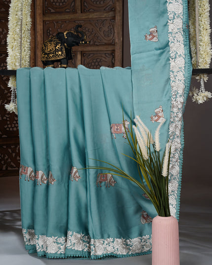 Mashru satin saree with pichwai butties and Parsi Work  lace border - Sea Blue