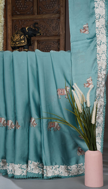 Mashru satin saree with pichwai butties and Parsi Work  lace border - Sea Blue