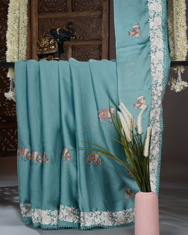 Mashru satin saree with pichwai butties and Parsi Work  lace border - Sea Blue