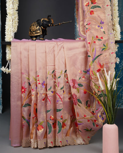 Soft tissue organza saree with thread Embroidered work and scallop muniya border - Mauve