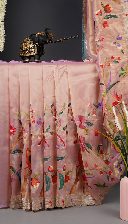 Soft tissue organza saree with thread Embroidered work and scallop muniya border - Mauve