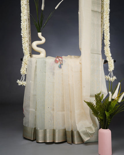 Kota Chanderi Saree with Mirror and Applique Work Contrast Border- Sea Green