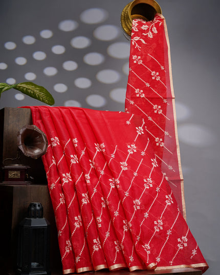 Silk Kota Saree With Allover Thread Embroidery Work With Gold Border -  Red