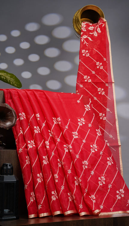 Silk Kota Saree With Allover Thread Embroidery Work With Gold Border -  Red