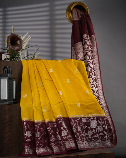 Chanderi Silk With Golden & Silver Zari Butties And Contrast Border - Yellow