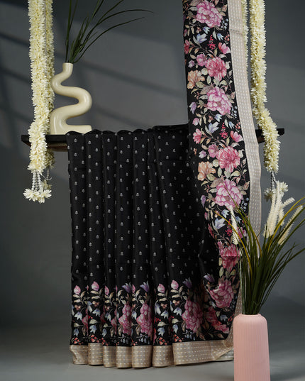 Tissue Silk Saree with Floral Print and Subtle Vertical Stripes and Small Delicate Motifs- Black