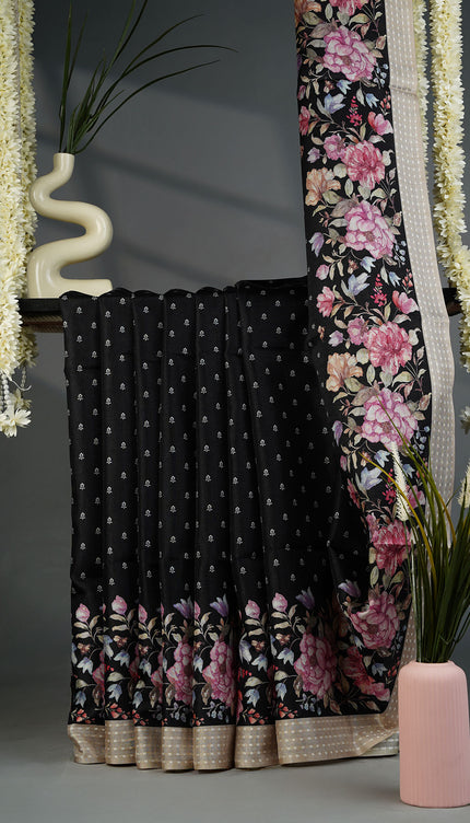 Tissue Silk Saree with Floral Print and Subtle Vertical Stripes and Small Delicate Motifs- Black