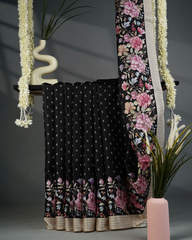 Tissue Silk Saree with Floral Print and Subtle Vertical Stripes and Small Delicate Motifs- Black