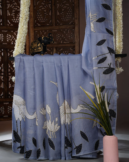 Kota saree digital print  with knot work and lace border - Lite Blue