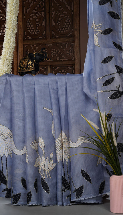Kota saree digital print  with knot work and lace border - Lite Blue