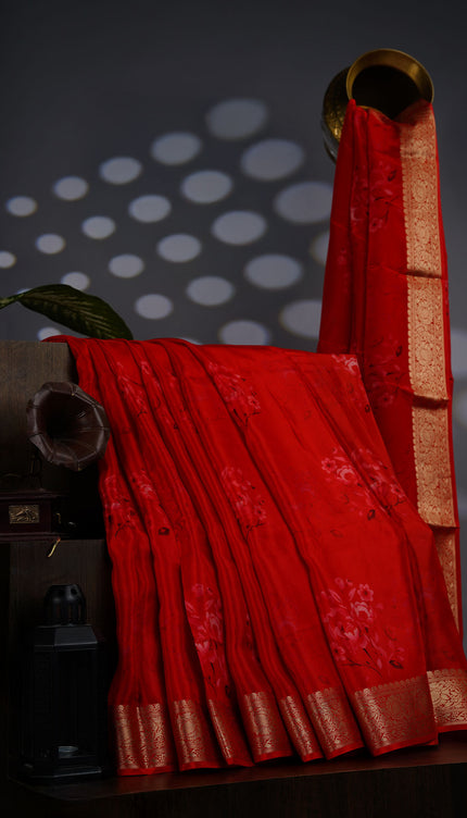 Binny Crepe Floral Print with Golden Zari Border - Red