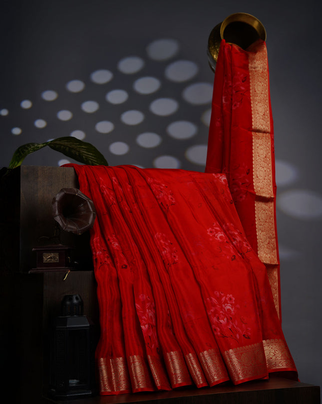 Binny Crepe Floral Print with Golden Zari Border - Red