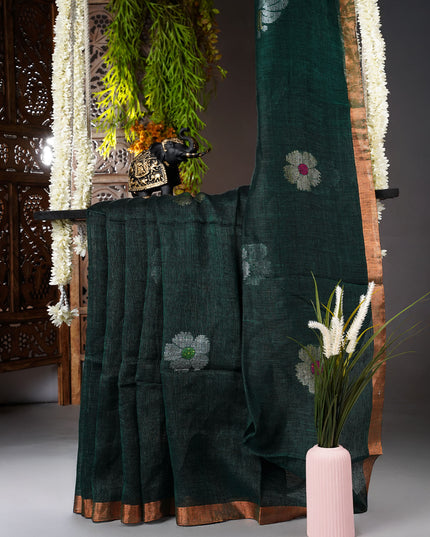 Lenin Cotton Saree with Gold and Silver Butties and Contrast Border- B Green