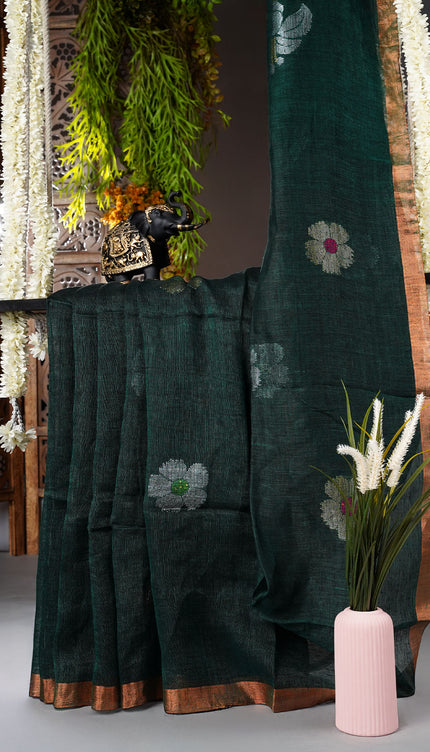 Lenin Cotton Saree with Gold and Silver Butties and Contrast Border- B Green