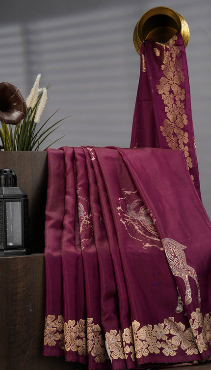 Banaras Silk With Gold & Silver Butties And Border With Contrast Border - Purple
