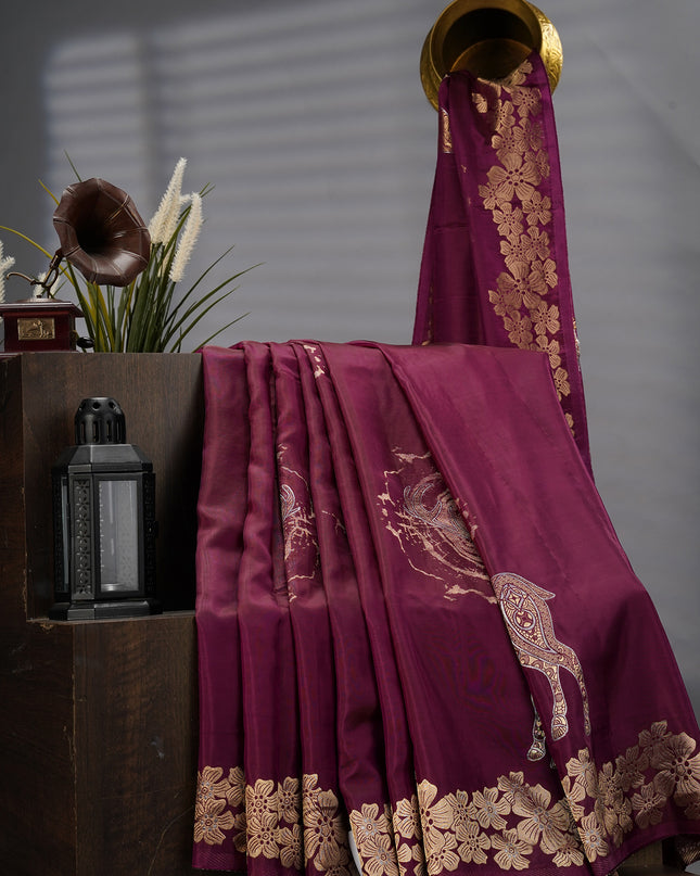 Banaras Silk With Gold & Silver Butties And Border With Contrast Border - Purple