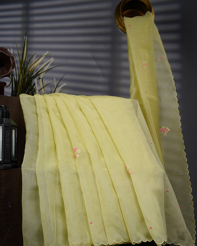 Tissue Linen Saree With Thread Knot Work Butties With Scallop Border - P Green