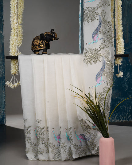 Crush tissue saree with thread work and scallop border Kardana & Sequence Work - Off White