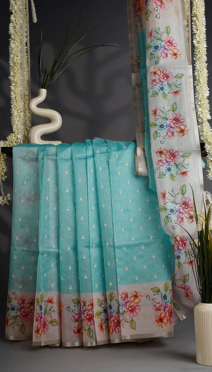 Kota Silk Saree with Thread Work Butties and Floral Border- Sky Blue