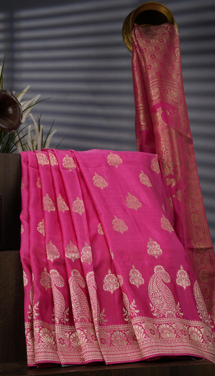 Banaras Silk With Allover Golden Zari Work - Pink