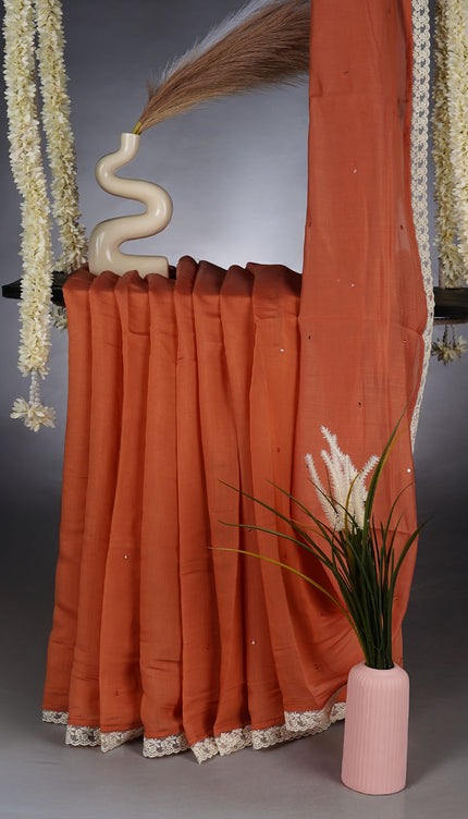 Mul Chanderi Saree With Mirror Work and Lace Border -Peach