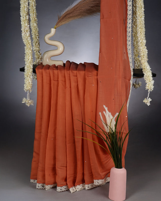 Mul Chanderi Saree With Mirror Work and Lace Border -Peach