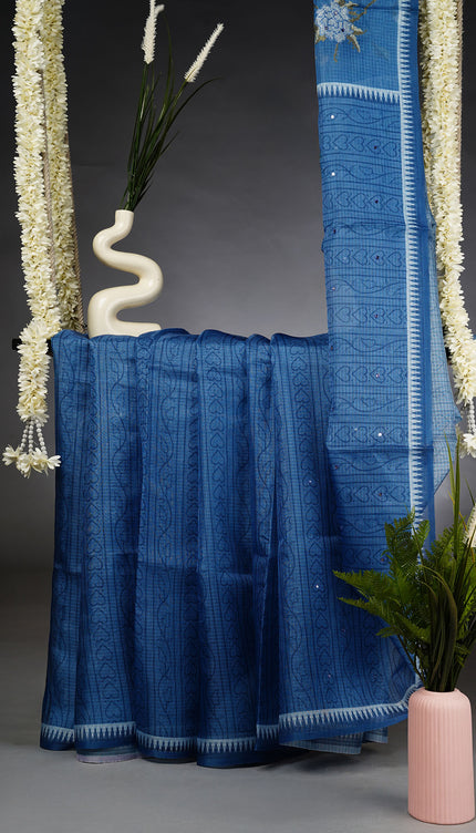 Kota Silk Saree with Mirror and Thread Work- Blue
