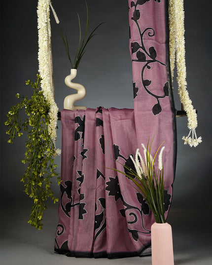 Kota Silk Saree with Floral Print and Ari Work and Lace Border- Onion Pink