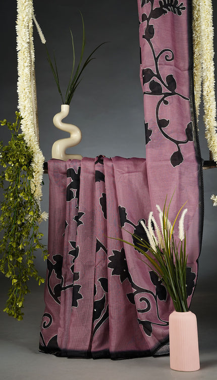 Kota Silk Saree with Floral Print and Ari Work and Lace Border- Onion Pink