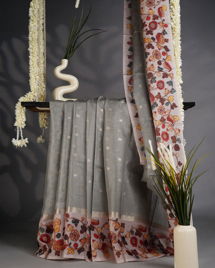 Tissue Kota Saree with Gold Butties and Contrast Floral Print Border- Sage Green