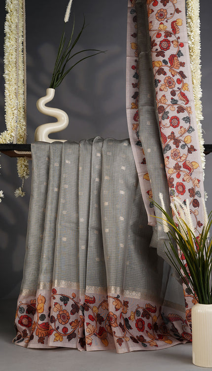Tissue Kota Saree with Gold Butties and Contrast Floral Print Border- Sage Green