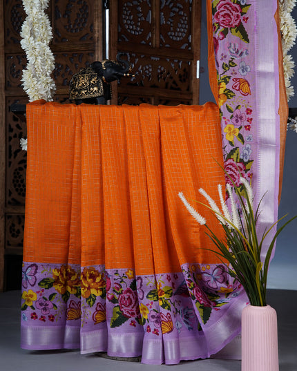 Dola silk sarees with checks and floral print border - Orange