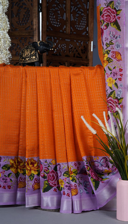 Dola silk sarees with checks and floral print border - Orange