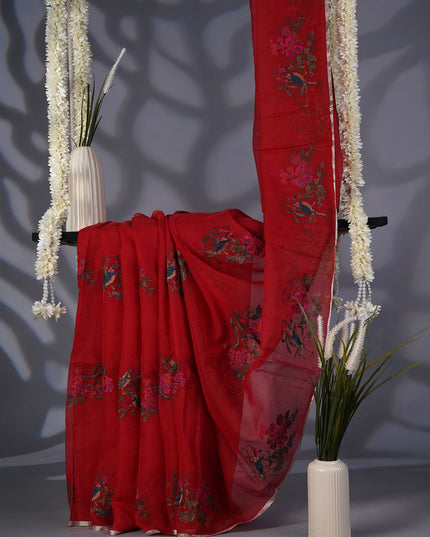 Kota Saree with Thread Work Butties Silver Zari Border- Red