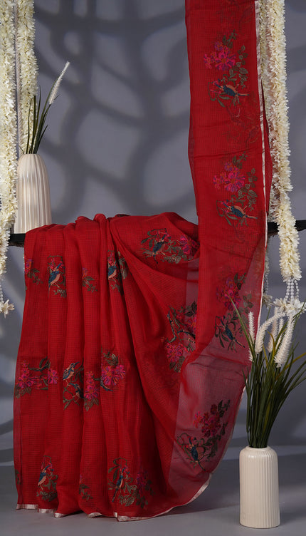 Kota Saree with Thread Work Butties Silver Zari Border- Red