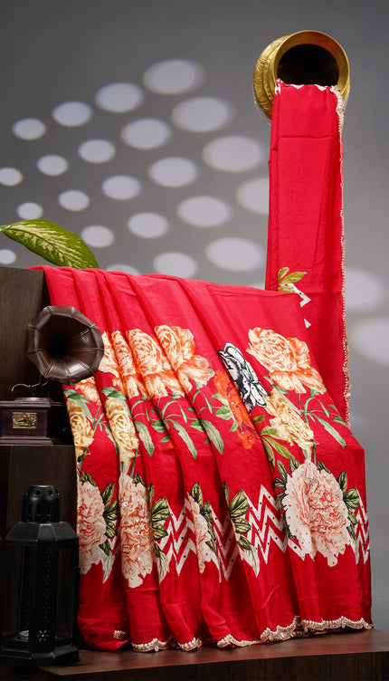 Crepe Saree With Floral Print Scallop Border Kardana Zardosi Sequence Work - Red
