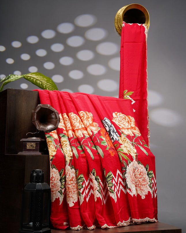 Crepe Saree With Floral Print Scallop Border Kardana Zardosi Sequence Work - Red