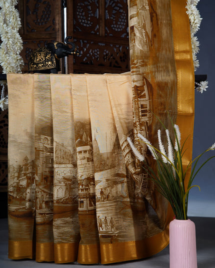 Muslin silk saree with Abstract Digital Printed and golden border - Mustard Gold