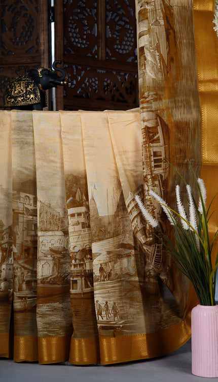 Muslin silk saree with Abstract Digital Printed and golden border - Mustard Gold