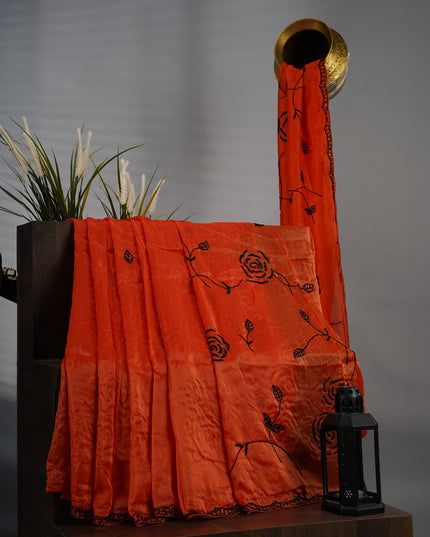 Russian Crape Scallop Border Kardana Hand Work - Orange