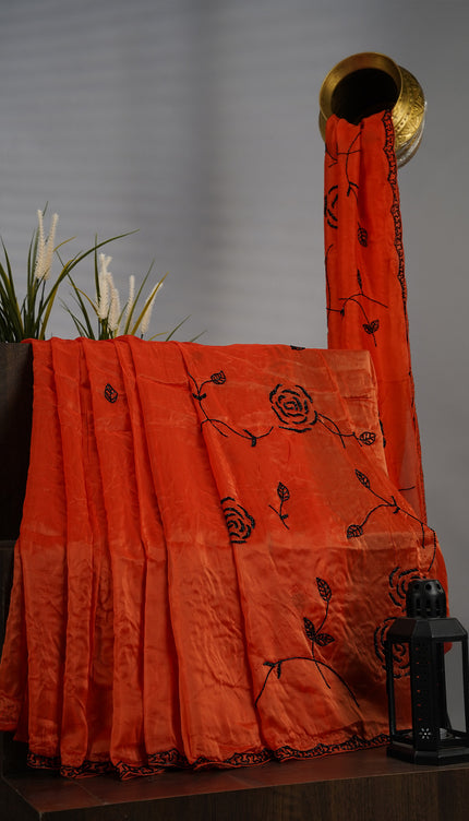 Russian Crape Scallop Border Kardana Hand Work - Orange