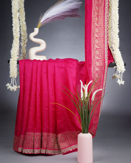 Banaras Silk Saree With Lace Border - Hot Pink