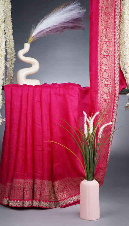 Banaras Silk Saree With Lace Border - Hot Pink