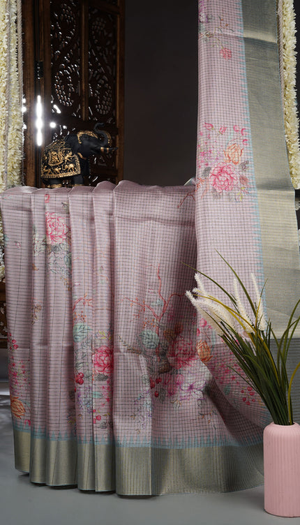 Tusser saree weaving checks floral print with golden border - Onion Pink