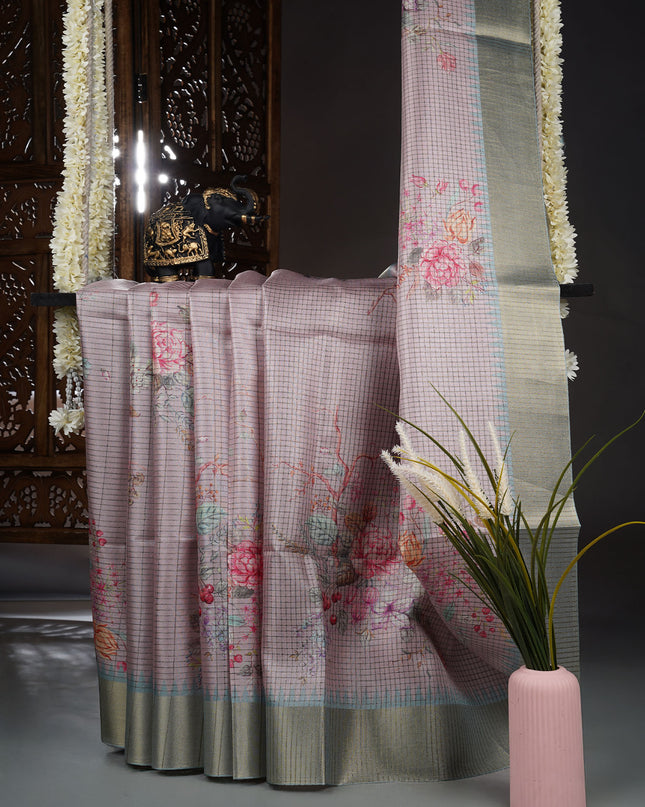 Tusser saree weaving checks floral print with golden border - Onion Pink